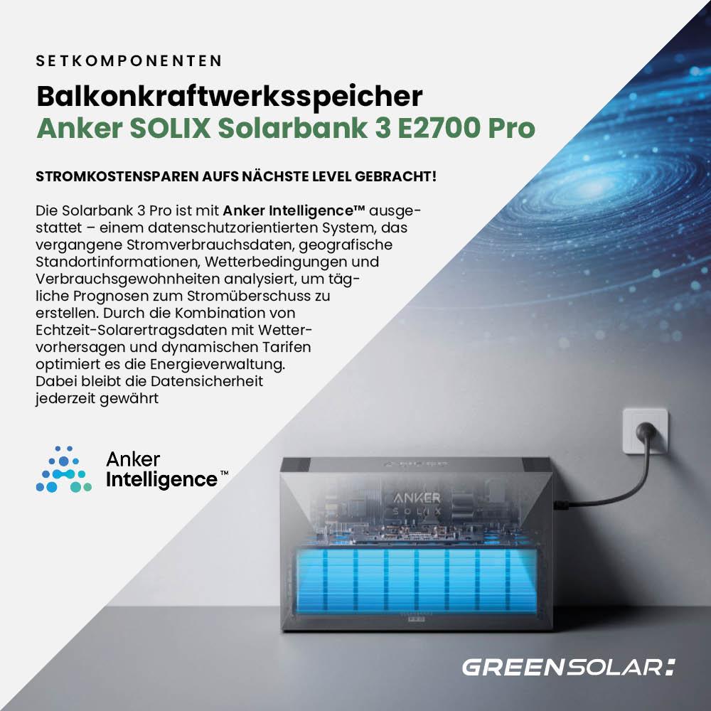 Balkonkraftwerk Basic 900/800 bifazial mit Balkonkraftwerkspeicher 2,7kWh "Anker SOLIX Solarbank 3 E-2700 Pro"