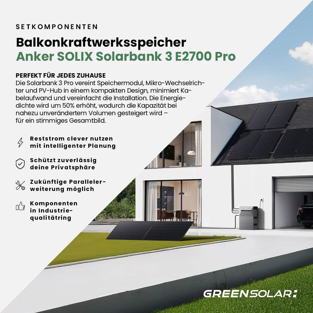 Balkonkraftwerk Basic 900/800 bifazial mit Balkonkraftwerkspeicher 2,7kWh "Anker SOLIX Solarbank 3 E-2700 Pro"