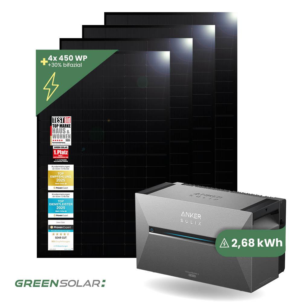 Balkonkraftwerk Basic 1800/800 black bifazial mit Balkonkraftwerkspeicher 2,7kWh "Anker SOLIX Solarbank 3 E-2700 Pro"