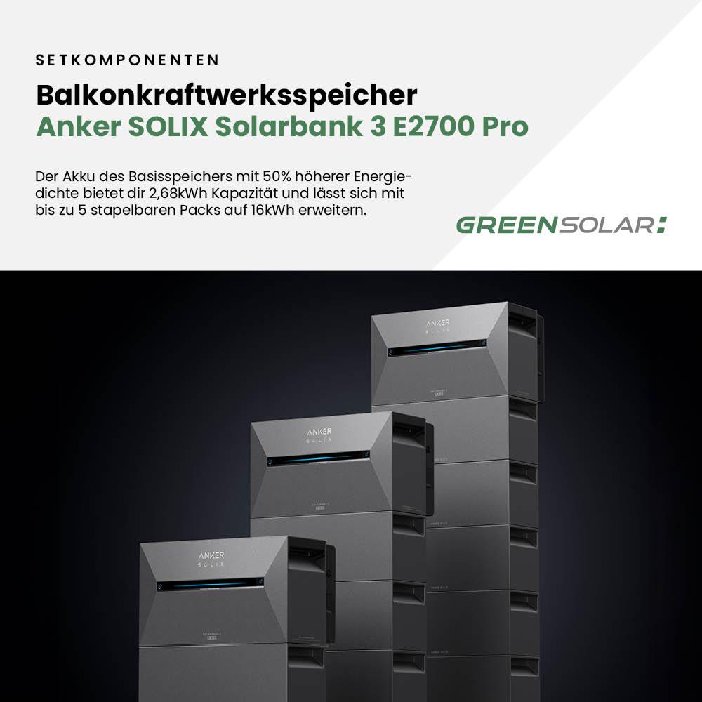 Solarkraftwerk Basic 1160/800 silver bifazial mit Balkonkraftwerkspeicher 2,7kWh "Anker SOLIX Solarbank 3 E-2700 Pro"