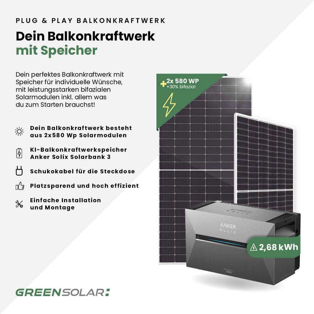 Solarkraftwerk Basic 1160/800 silver bifazial mit Balkonkraftwerkspeicher 2,7kWh "Anker SOLIX Solarbank 3 E-2700 Pro"