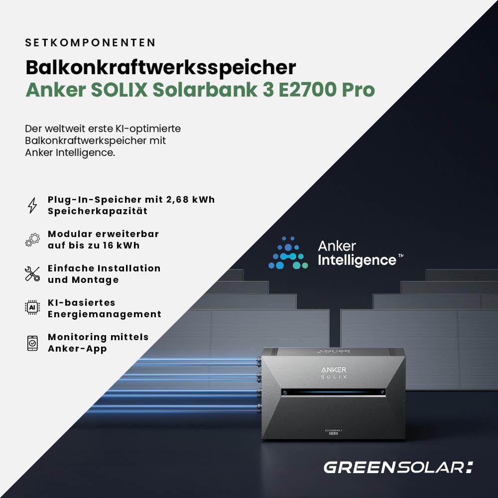 Solarkraftwerk Basic 1160/800 silver bifazial mit Balkonkraftwerkspeicher 2,7kWh "Anker SOLIX Solarbank 3 E-2700 Pro"