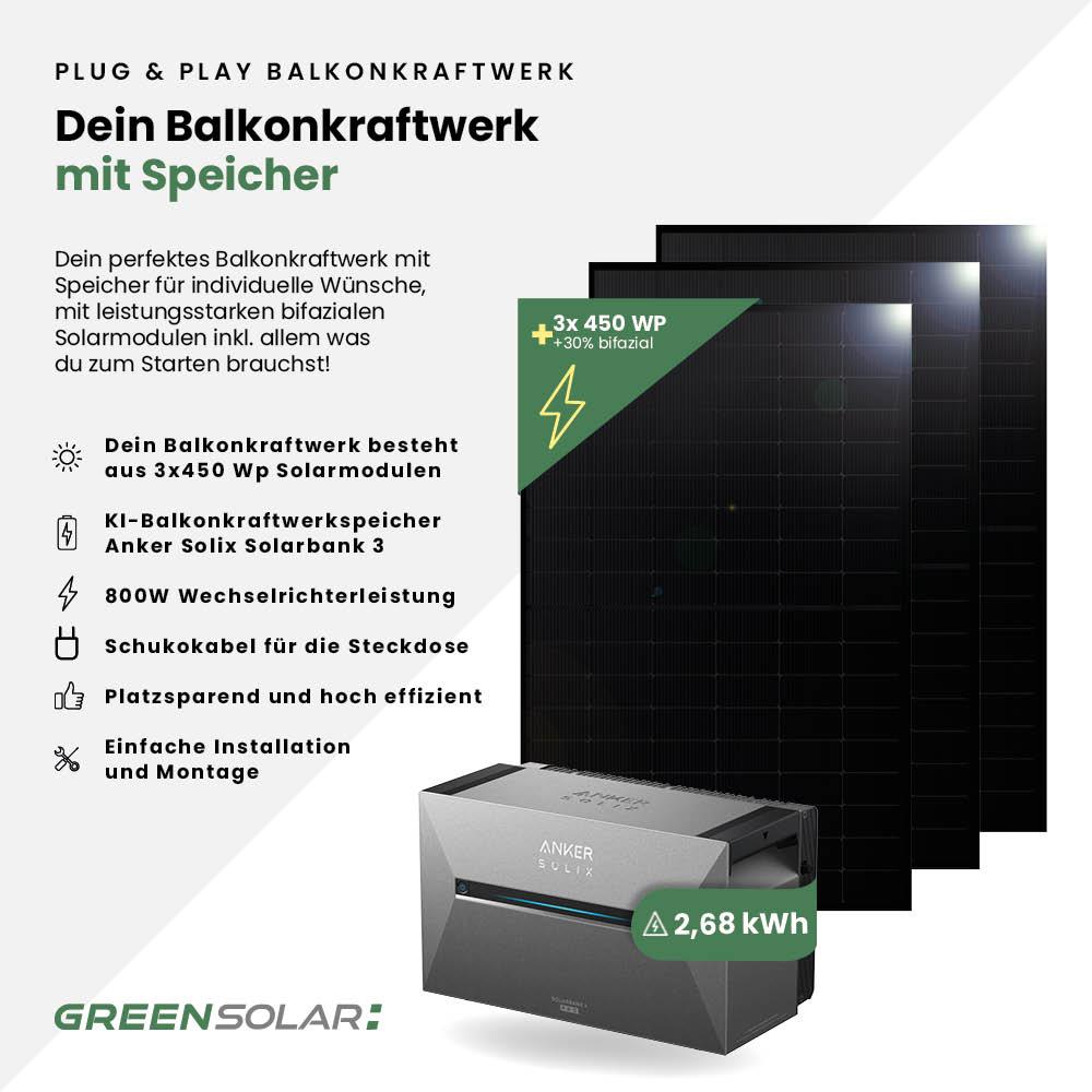 Balkonkraftwerk Basic 1350/800 black bifazial mit Balkonkraftwerkspeicher 2,7kWh "Anker SOLIX Solarbank 3 E-2700 Pro"