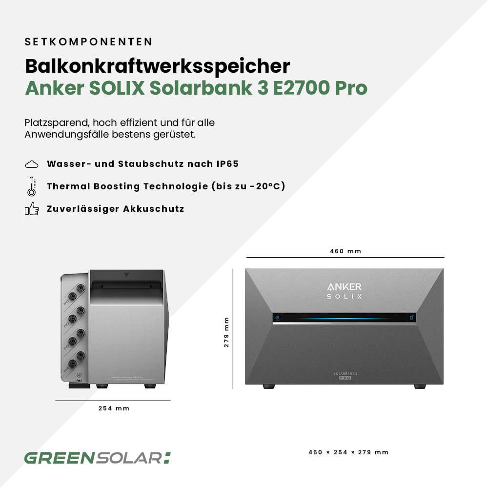 Balkonkraftwerk Basic 3600/800 black bifazial mit Balkonkraftwerkspeicher 2,7kWh "Anker SOLIX Solarbank 3 E-2700 Pro"