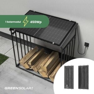 Kaminholzregal mit Balkonkraftwerk 450 Wp inkl. Plane