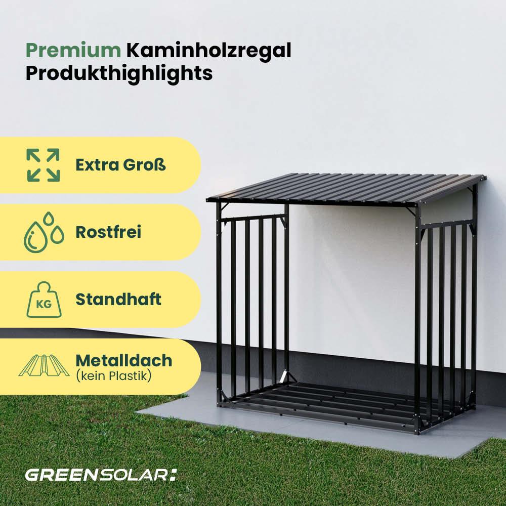 Kaminholzregal mit Balkonkraftwerk 450 Wp und Batteriespeicher Anker SOLIX Solarbank 2 E1600 inkl. Plane